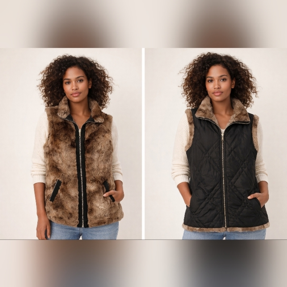 Reversible Faux Fur Quilted Vest - Brown And Black